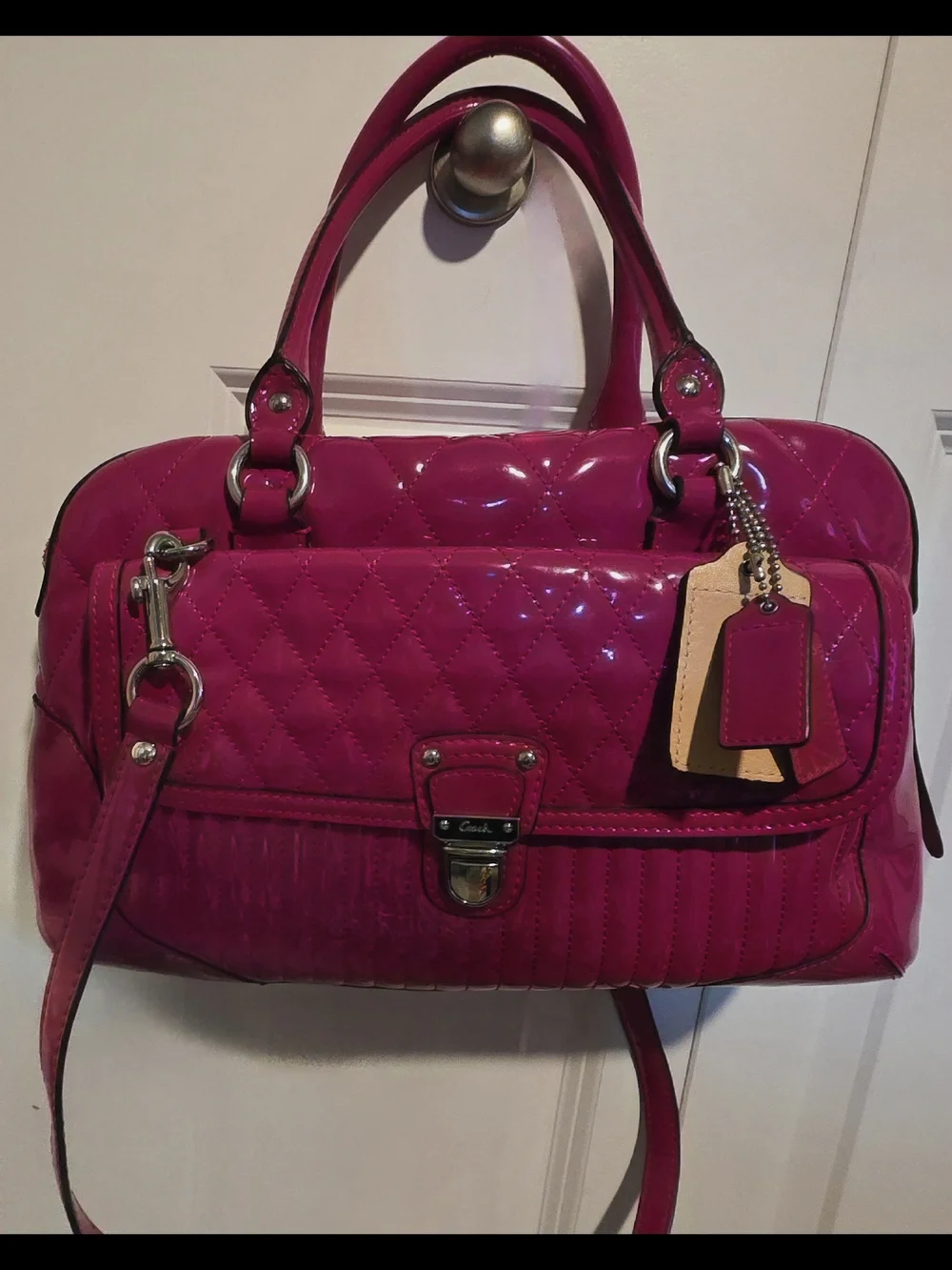 COACH Fuchsia Quilted Patent Satchel Handbag - Picture 1 of 12